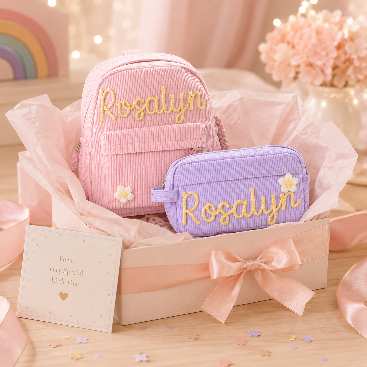 Custom name corduroy backpack and pencil case set for girls and boys