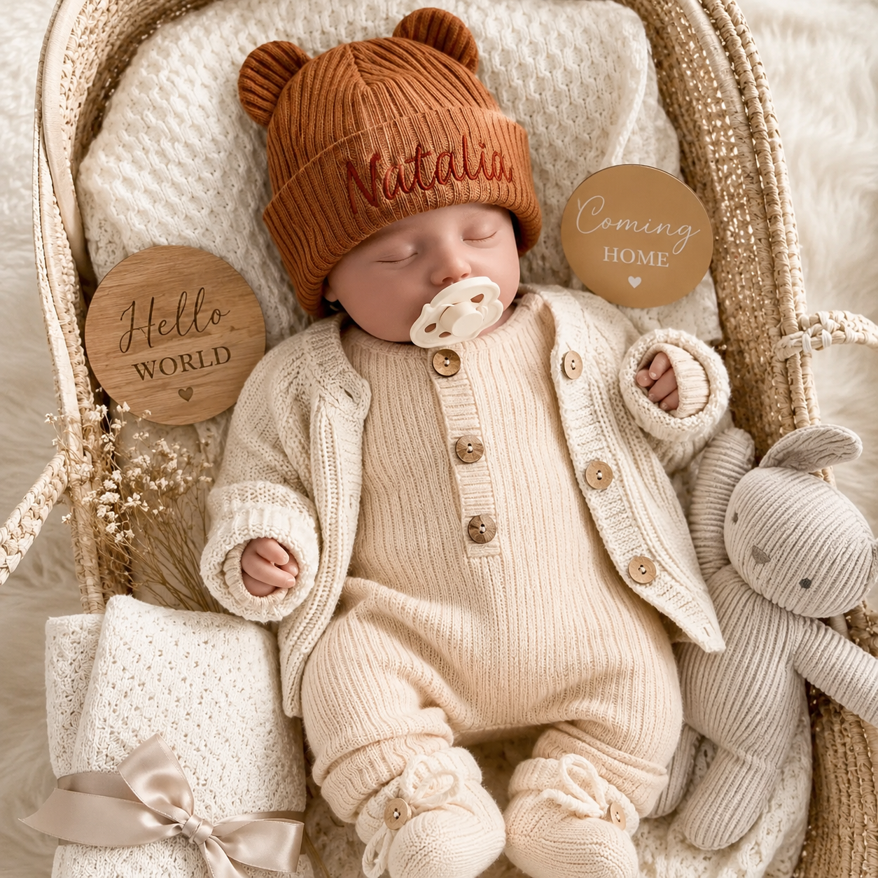Personalized newborn bear hat with soft cozy knit texture