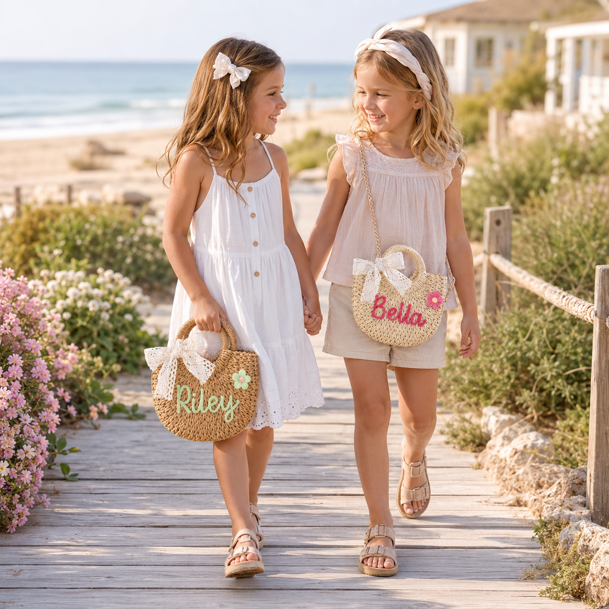 Custom name straw beach bag for girls summer outfits