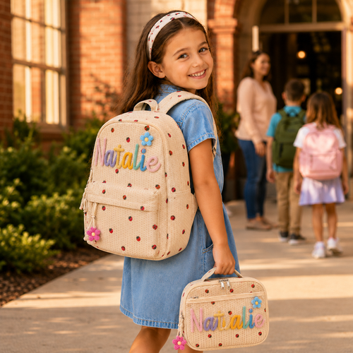 Custom name cream corduroy backpack and lunch bag set for school