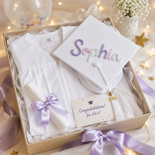 Custom name cap and gown set for family milestone photos