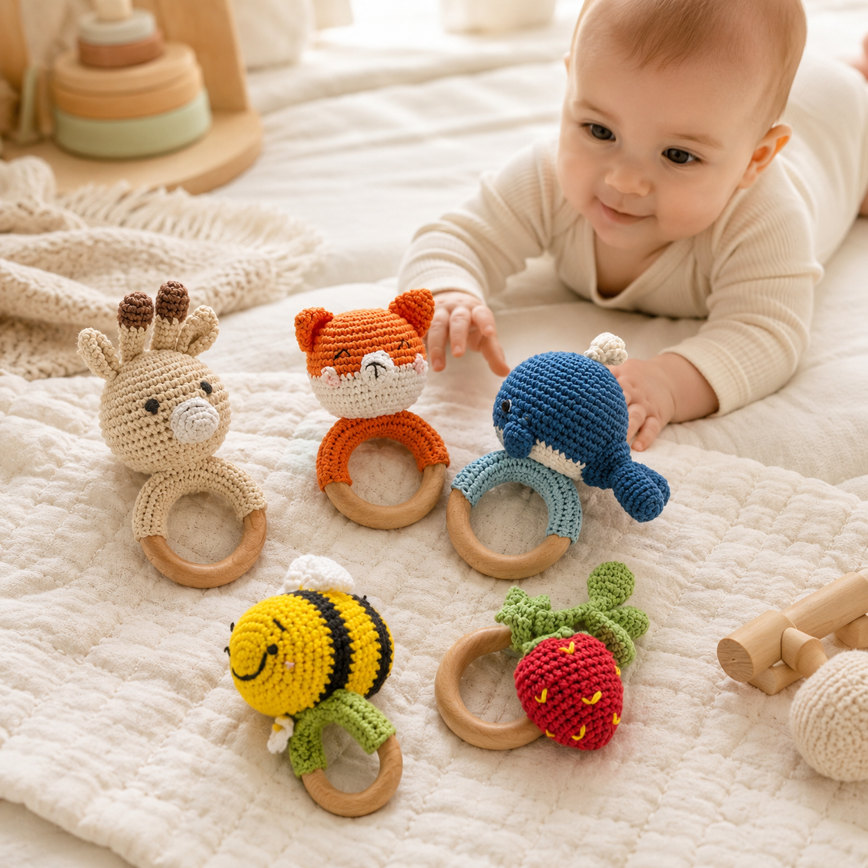 Crochet fox baby rattle toy for first baby gift