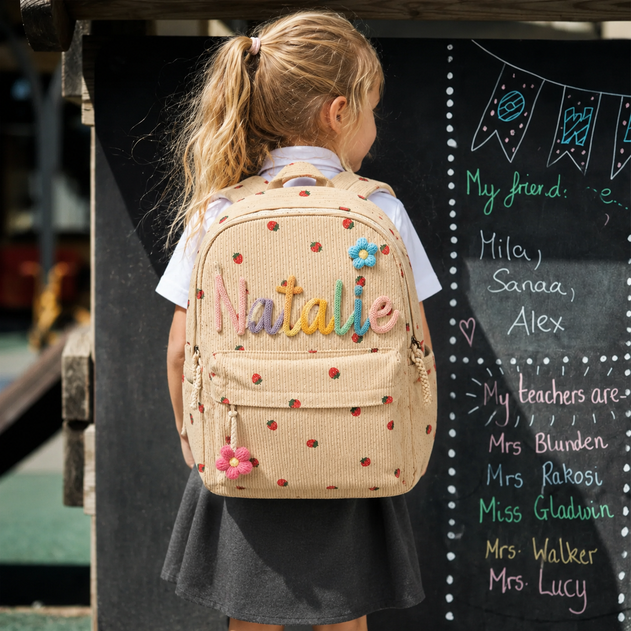 Checkerboard corduroy kids backpack with custom name lettering