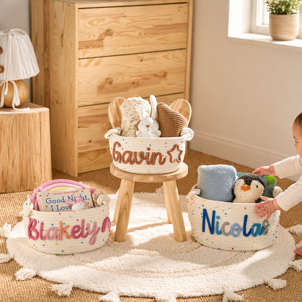 Personalized baby baskets handmade for nursery storage and keepsakes