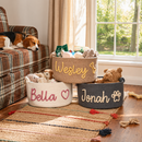 Personalized dog toy baskets with custom name lettering for pet storage
