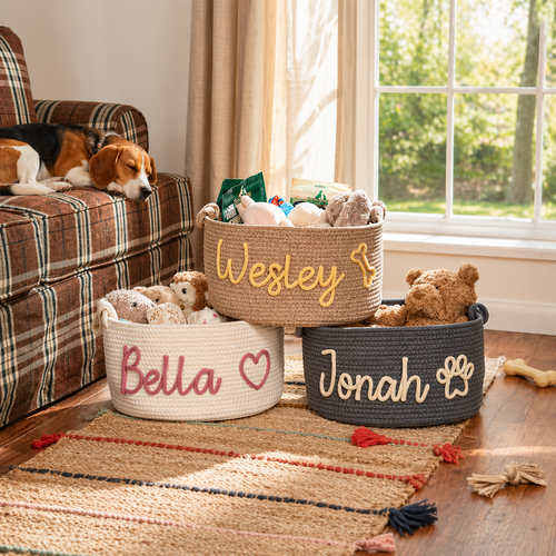 Personalized dog toy baskets with custom name lettering for pet storage