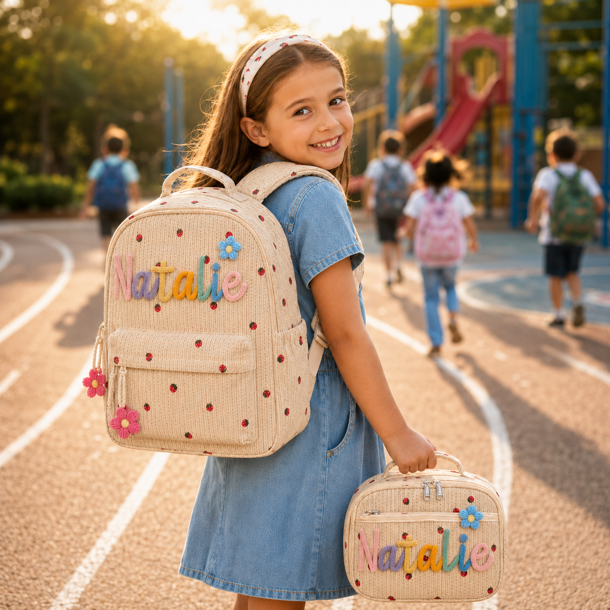 Personalized cream kids backpack and lunch bag set for school playground