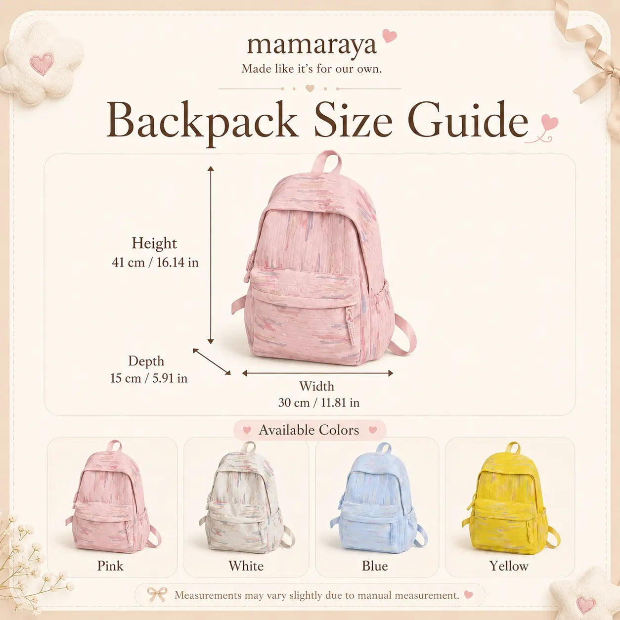 Mamaraya backpack size guide showing pink, white, blue, and yellow quilted kids backpacks with height, width, and depth measurements