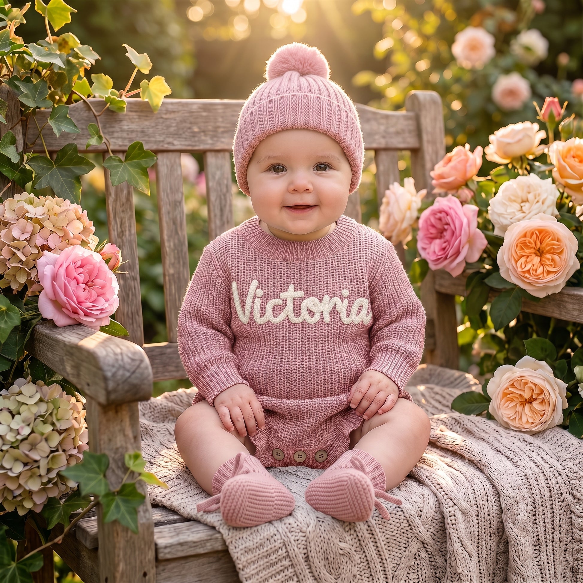 Mamaraya Custom Baby Girl Ruffle Sweater Beanie Socks Set