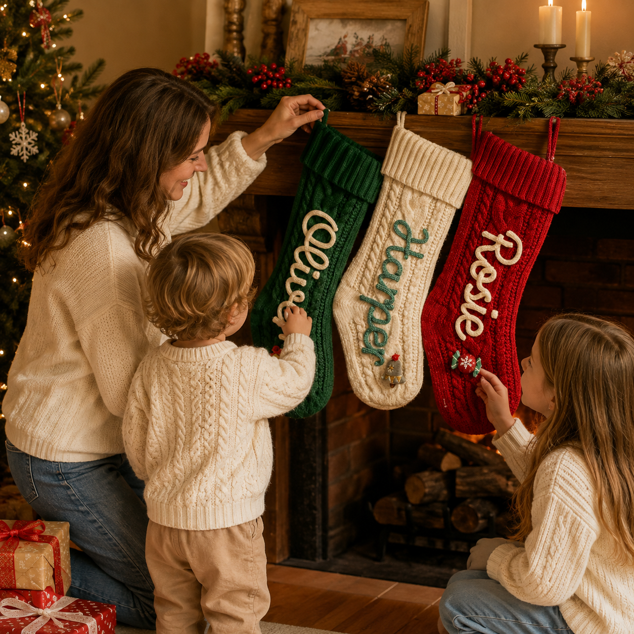 MamaRaya personalized Christmas stockings with custom names, aesthetic holiday decor hanging by the fireplace, filled with gifts.