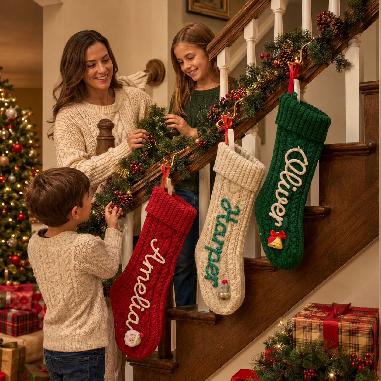 MamaRaya personalized Christmas stockings with custom names, aesthetic holiday decor hanging by the fireplace, filled with gifts.