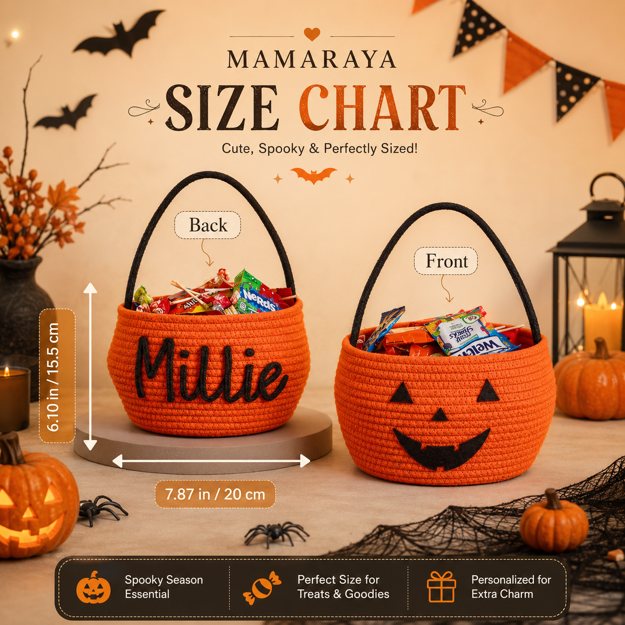 MamaRaya personalized Halloween trick or treat baskets in black and orange cotton rope, filled with candy and featuring custom yarn names