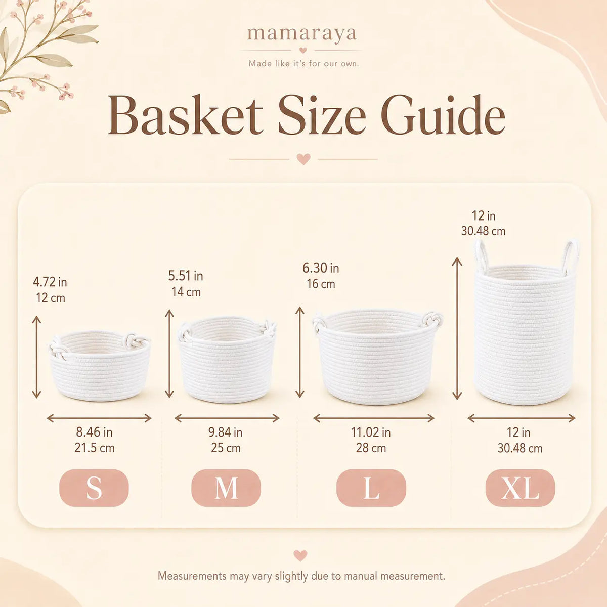 Mamaraya basket size guide showing S, M, L, and XL personalized storage basket dimensions