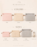 Personalized corduroy nursery storage basket color and size guide in pink cream and gray