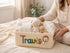 Personalized corduroy nursery storage basket with custom name and lion design