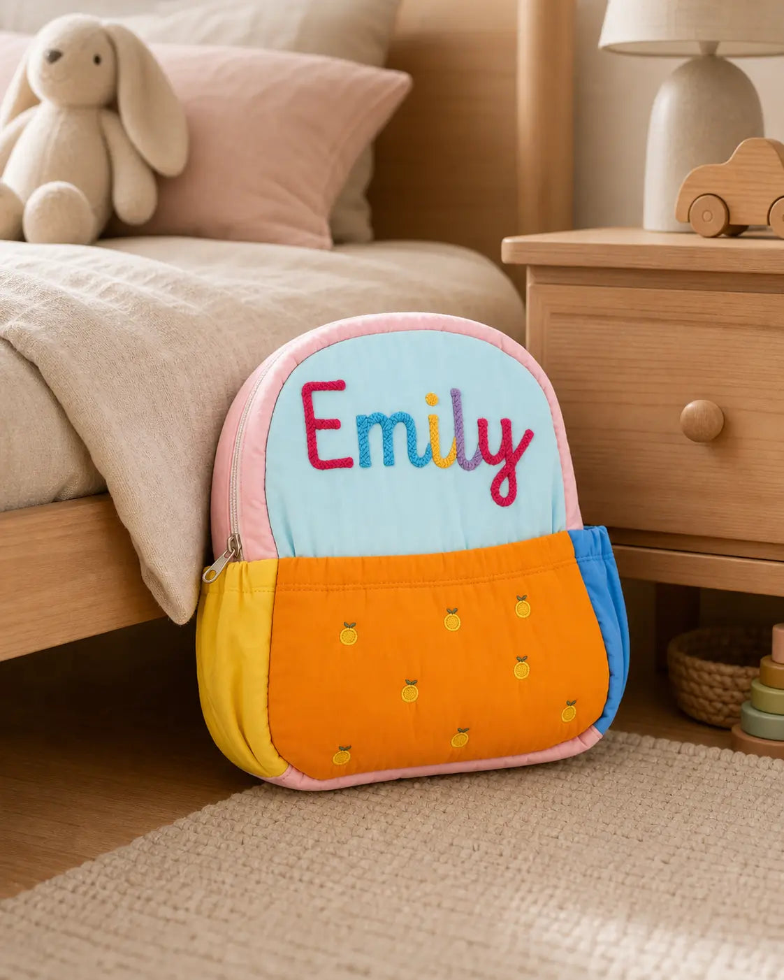 Personalized orange mini backpack with custom multicolor name embroidery in a cozy kids bedroom