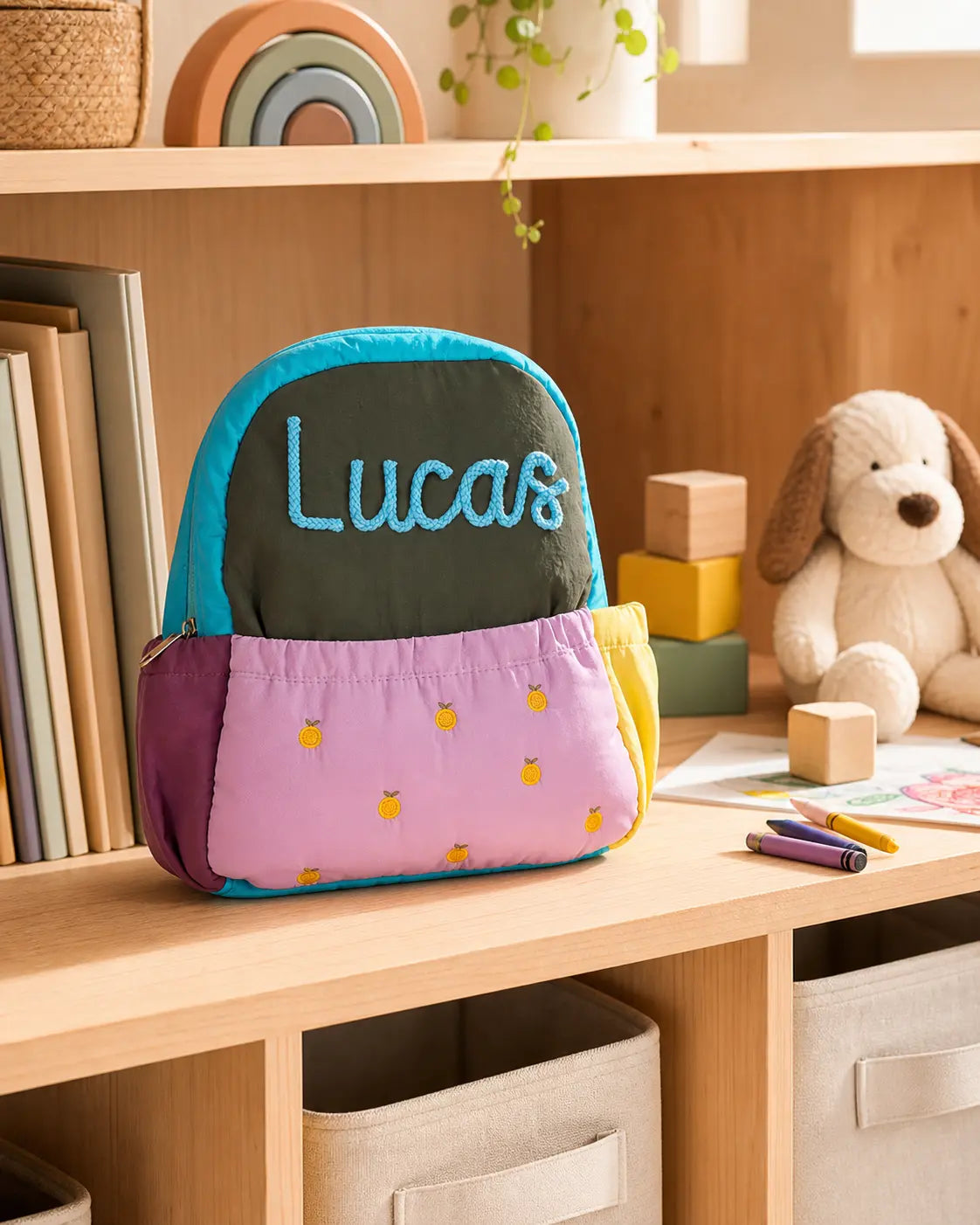 Personalized purple mini backpack with custom name embroidery on a wooden kids room shelf