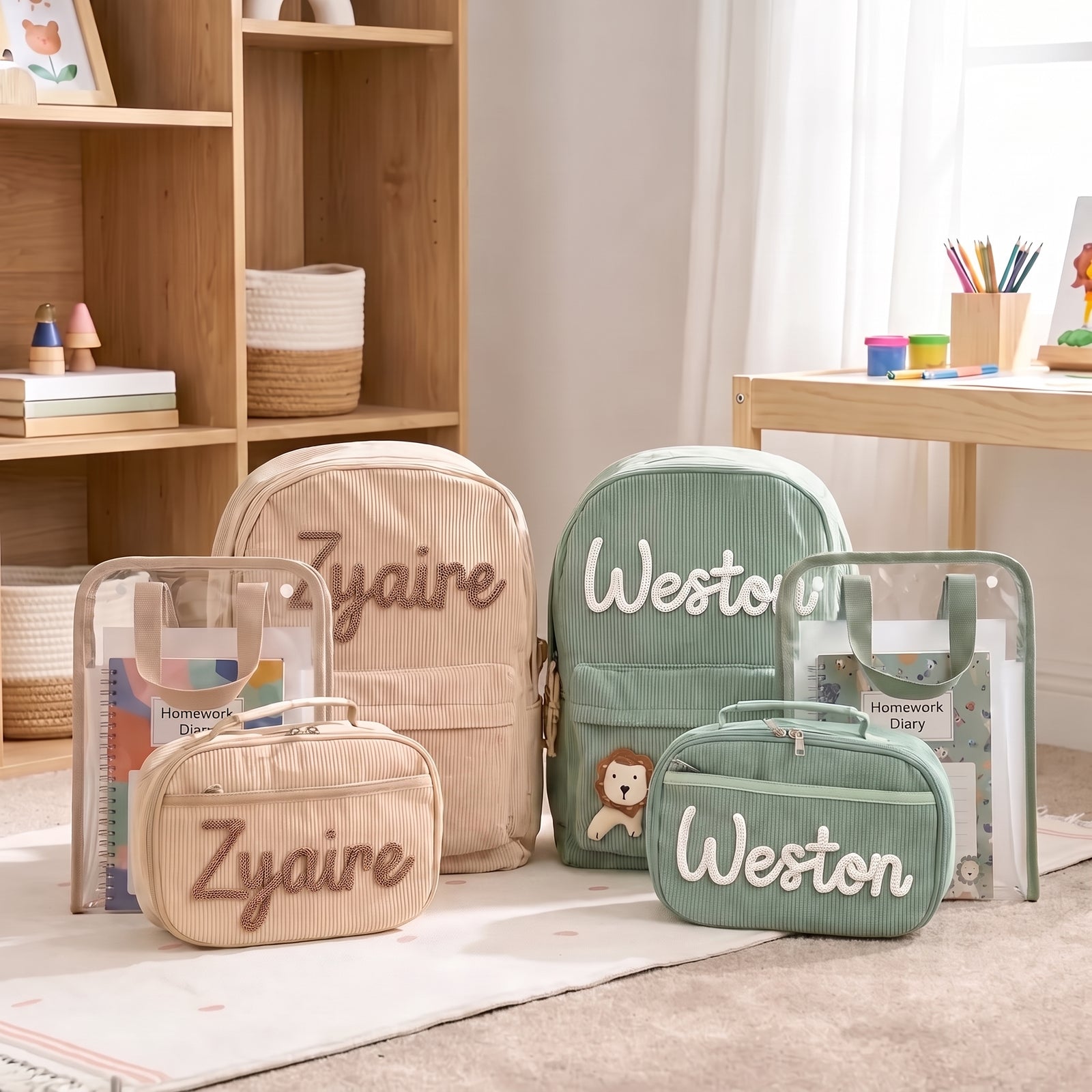 Mamaraya Personalized Corduroy 3-Piece School Bag Set