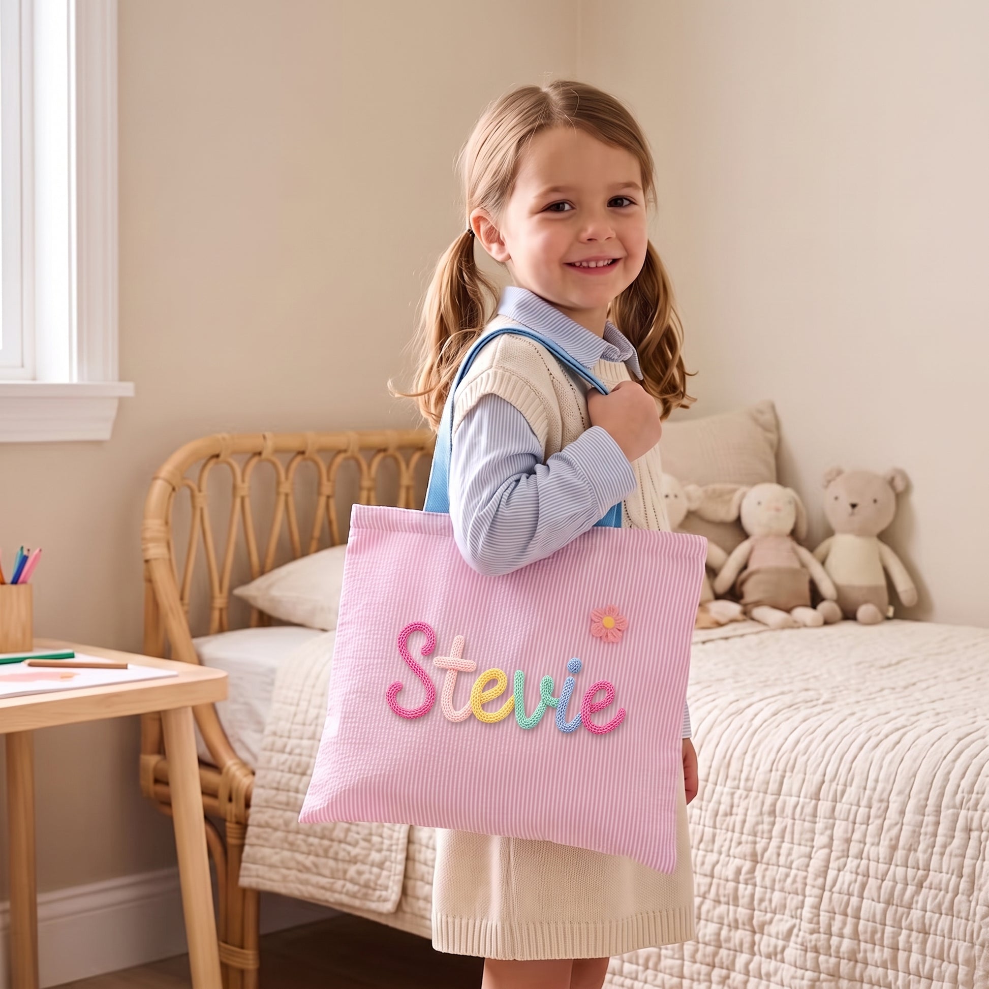 Mamaraya Personalized Name Tote Bag with Custom Yarn Lettering