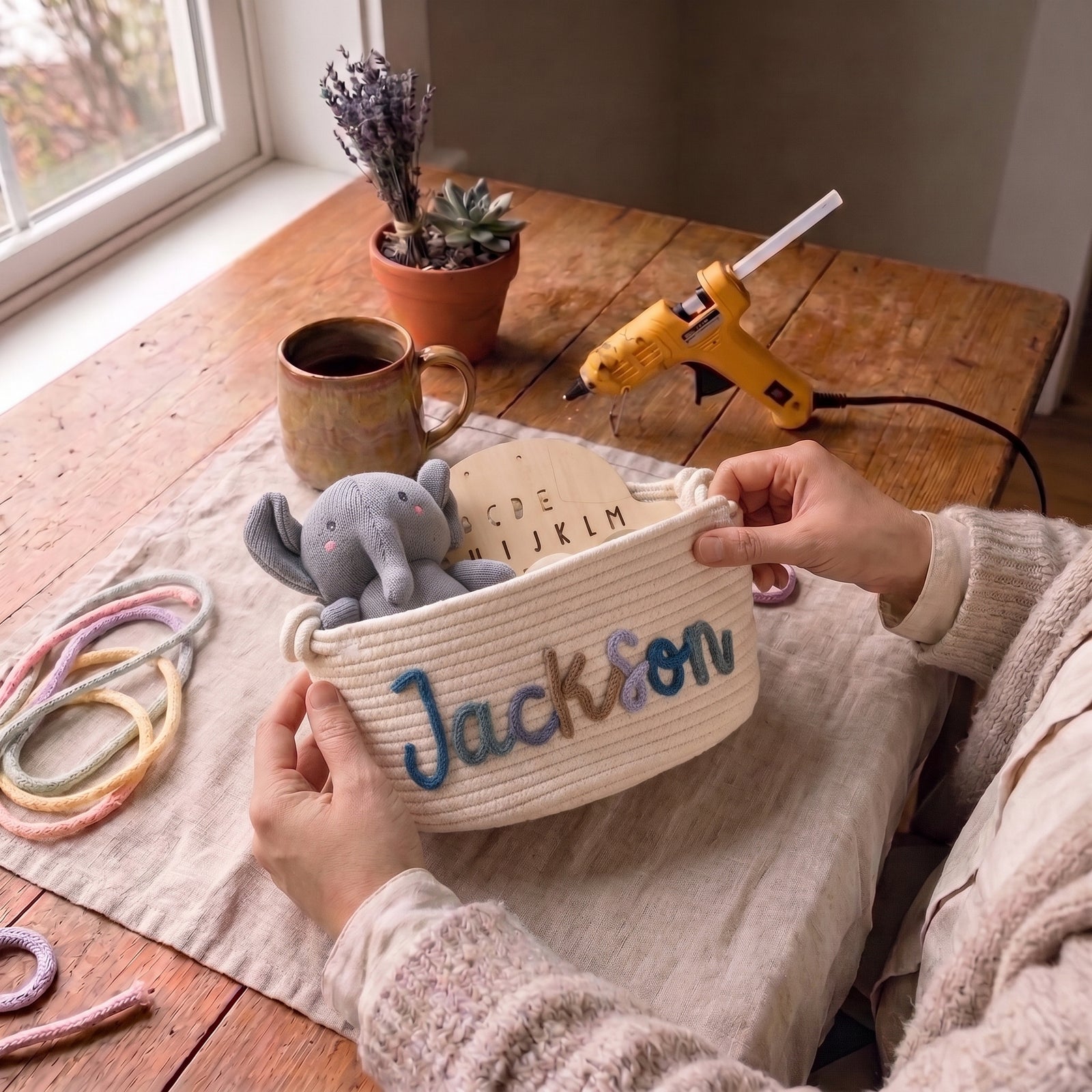 Finished personalized basket with a raised Jackson yarn name detail