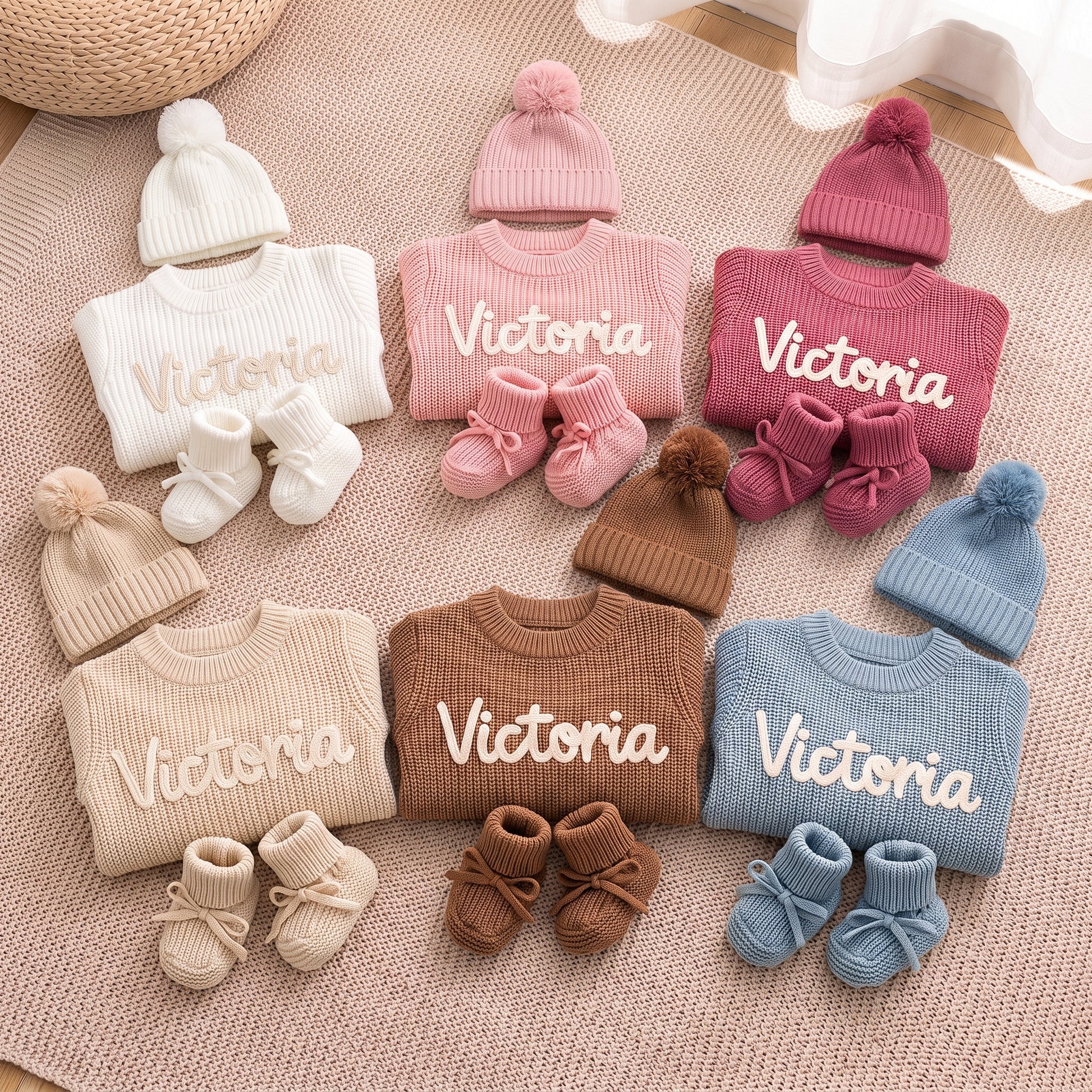 Mamaraya Custom Baby Girl Ruffle Sweater Beanie Socks Set