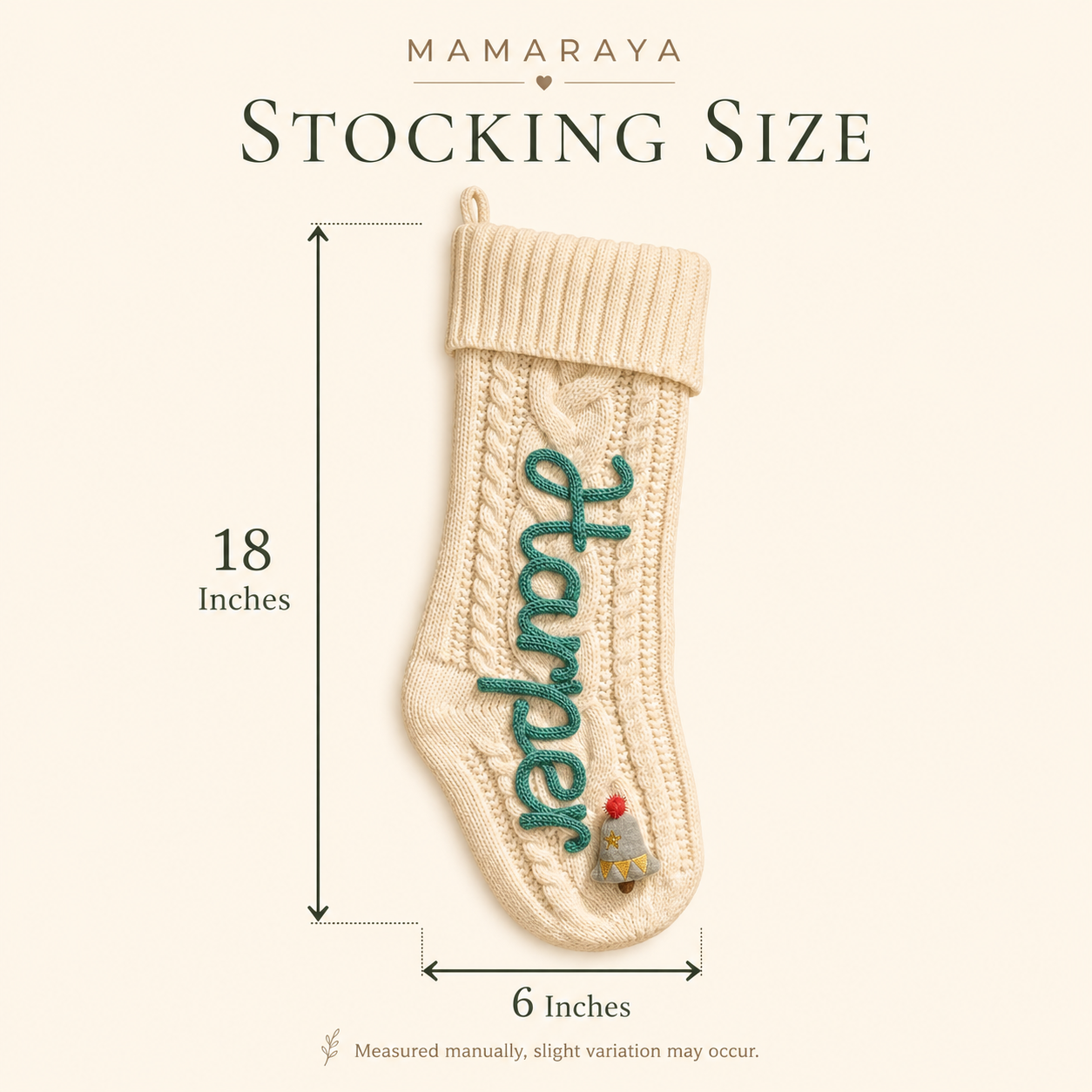 MamaRaya personalized Christmas stockings with custom names, aesthetic holiday decor hanging by the fireplace, filled with gifts.