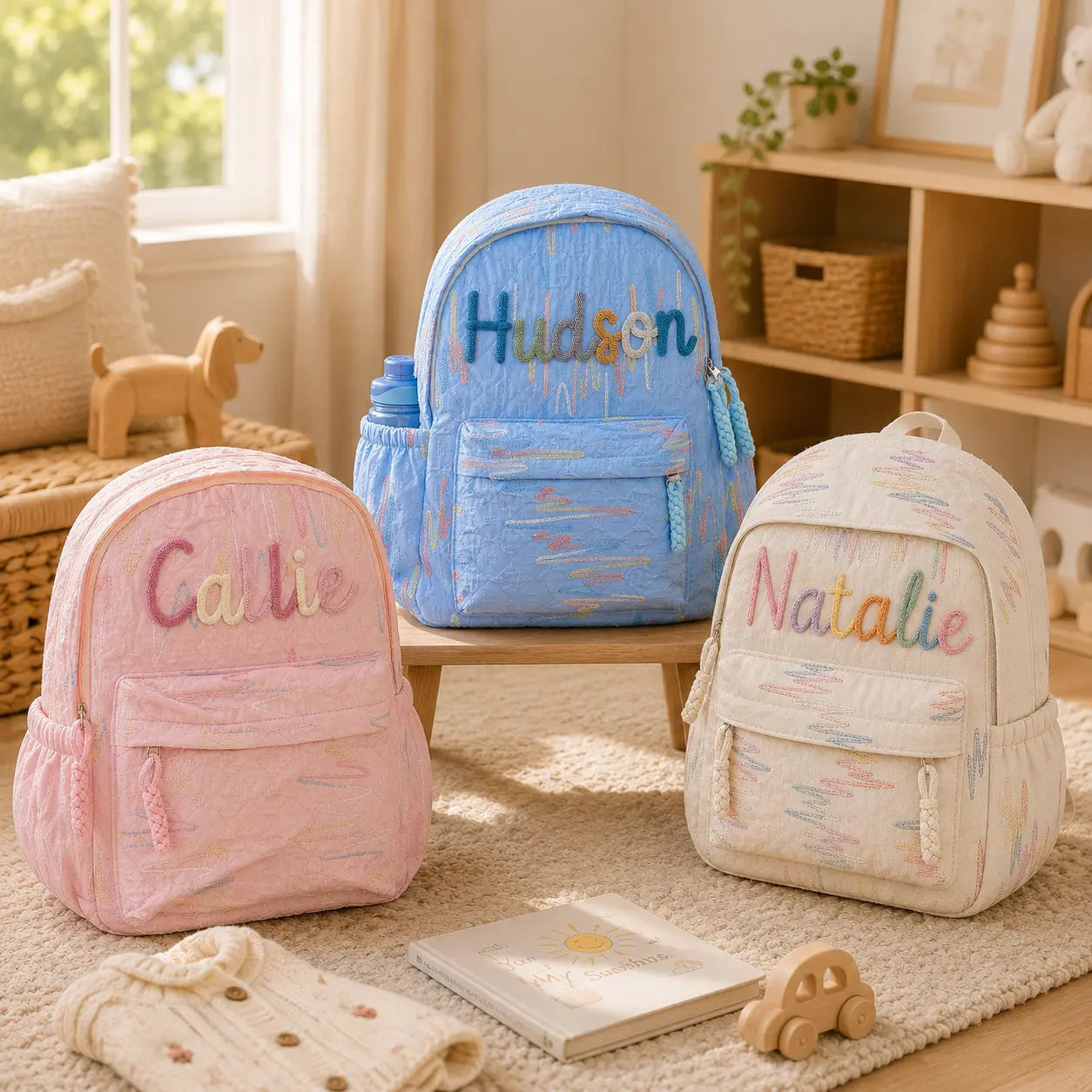 Three personalized quilted kids backpacks in pink, blue, and white with custom name embroidery displayed in a warm nursery setting