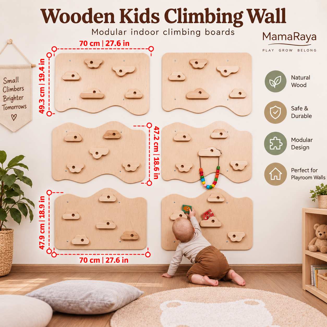 MamaRaya Wooden Kids Climbing Wall Indoor Play Gym