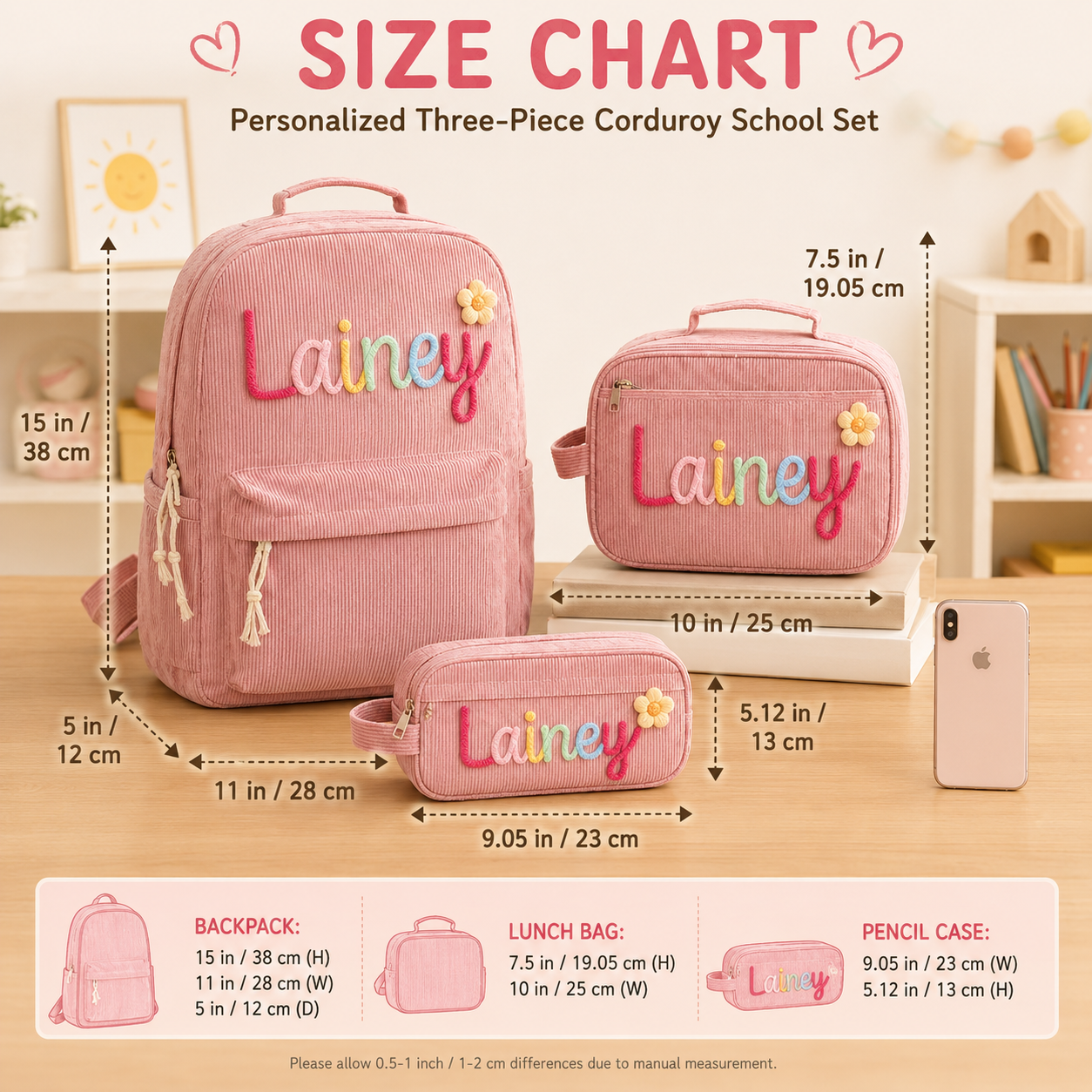 MamaRaya personalized kids backpack lunch bag and pencil case set size chart