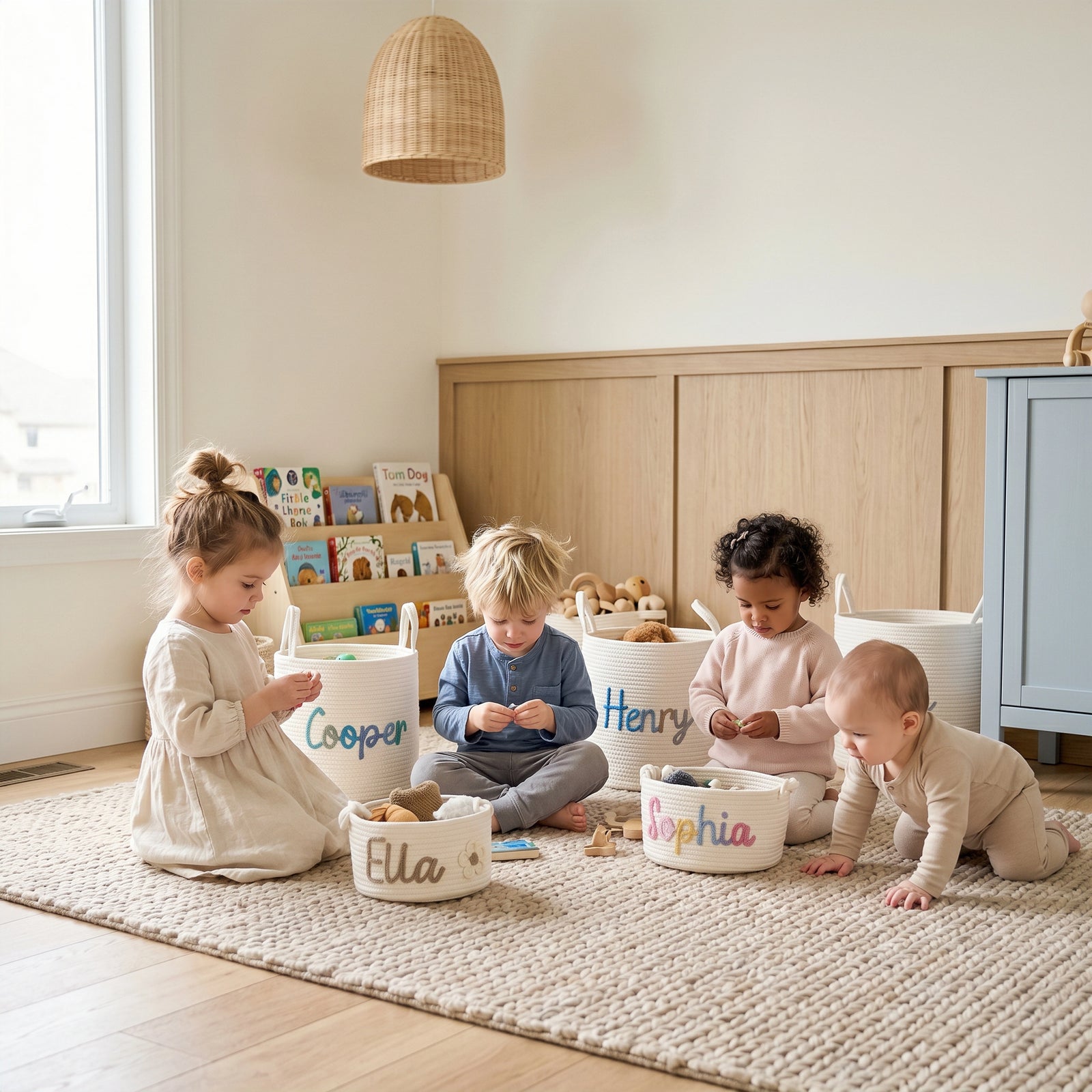 Personalized nursery basket used to organize baby essentials