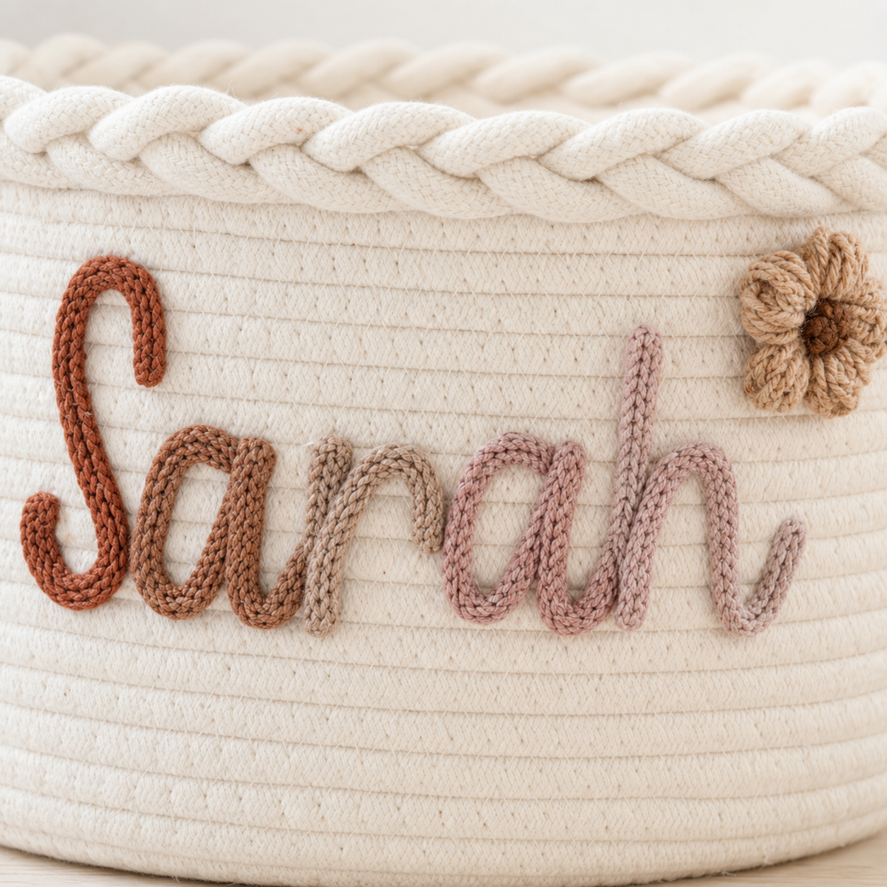 MamaRaya personalized cotton rope baby baskets with custom name embroidery, organizing toys in a modern nursery