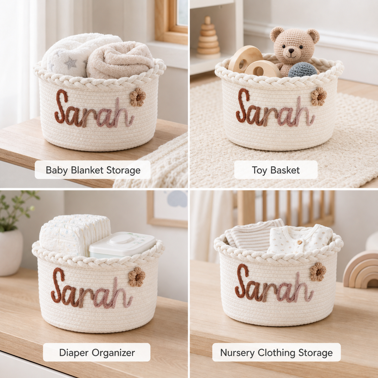 MamaRaya personalized cotton rope baby baskets with custom name embroidery, organizing toys in a modern nursery.