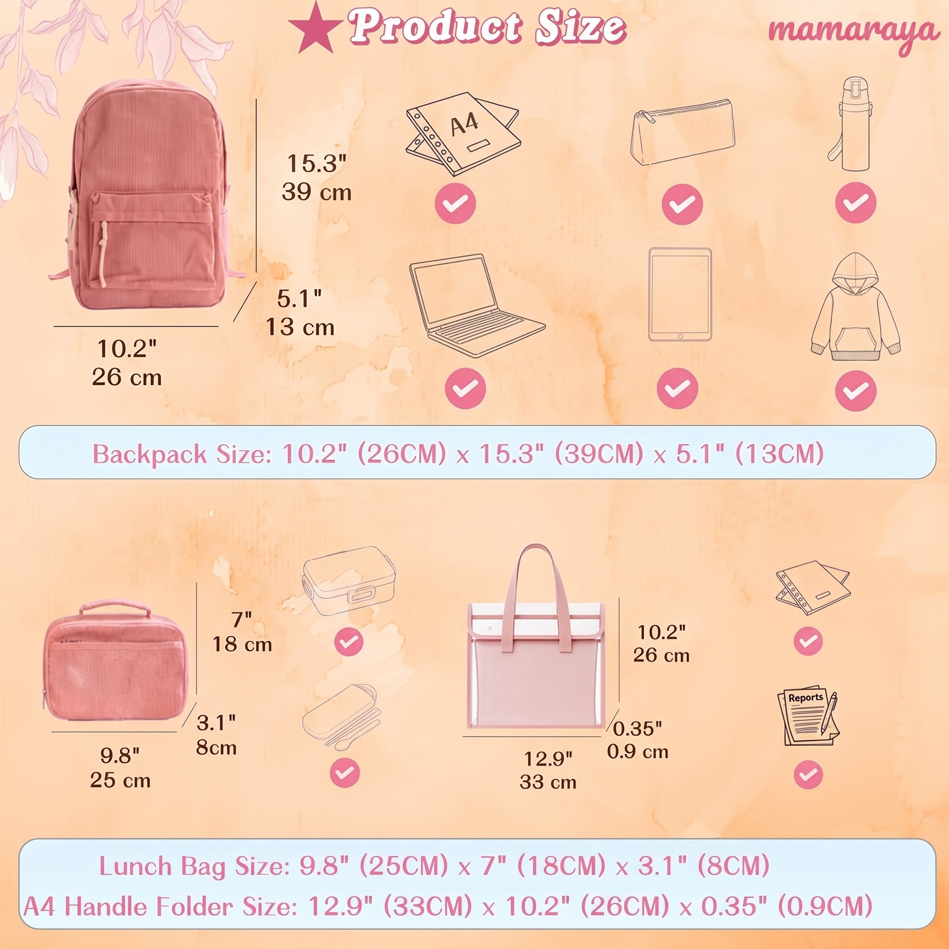Mamaraya Personalized 3-Piece Backpack Set with A4 Folder