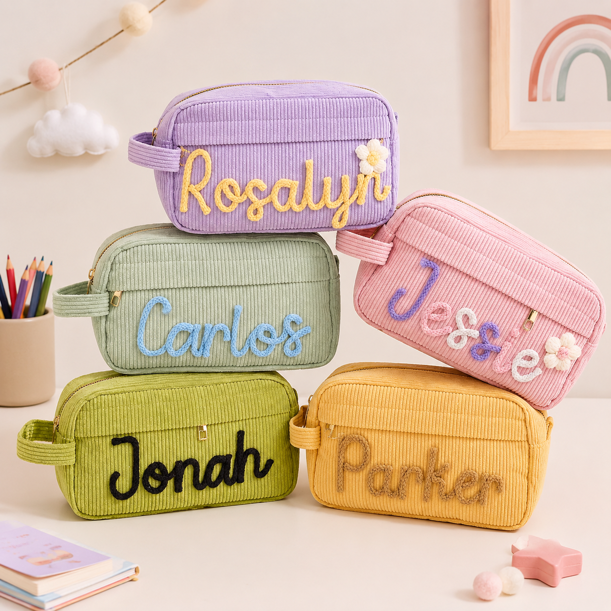 Kids school pouch with custom name and roomy storage