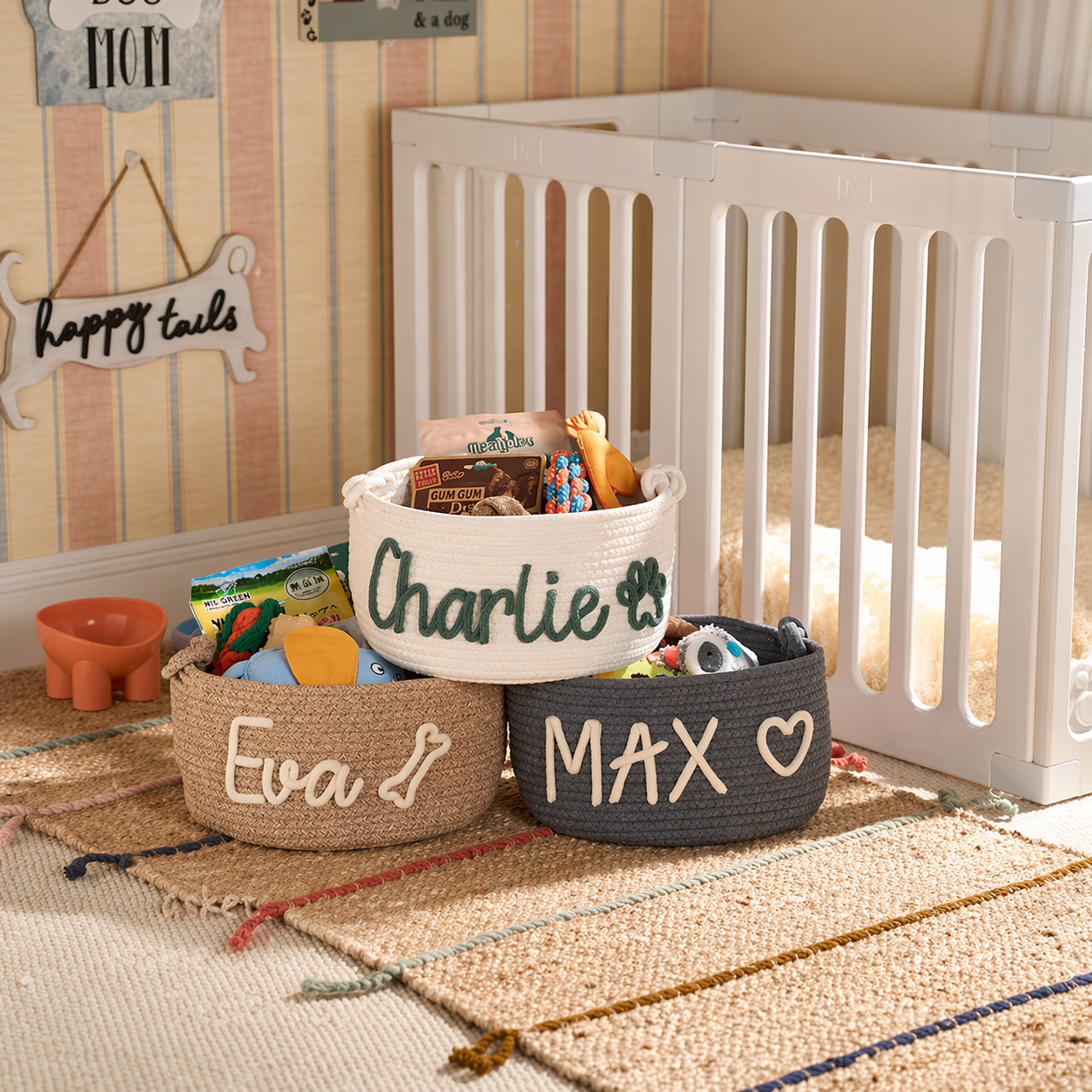 Custom Max dog toy basket with personalized name lettering