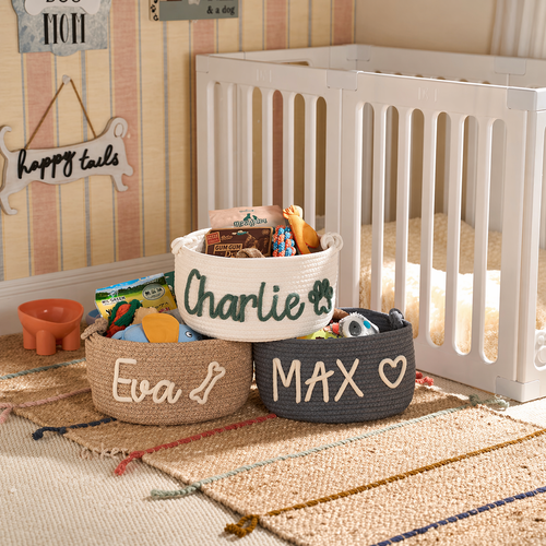 Custom Max dog toy basket with personalized name lettering