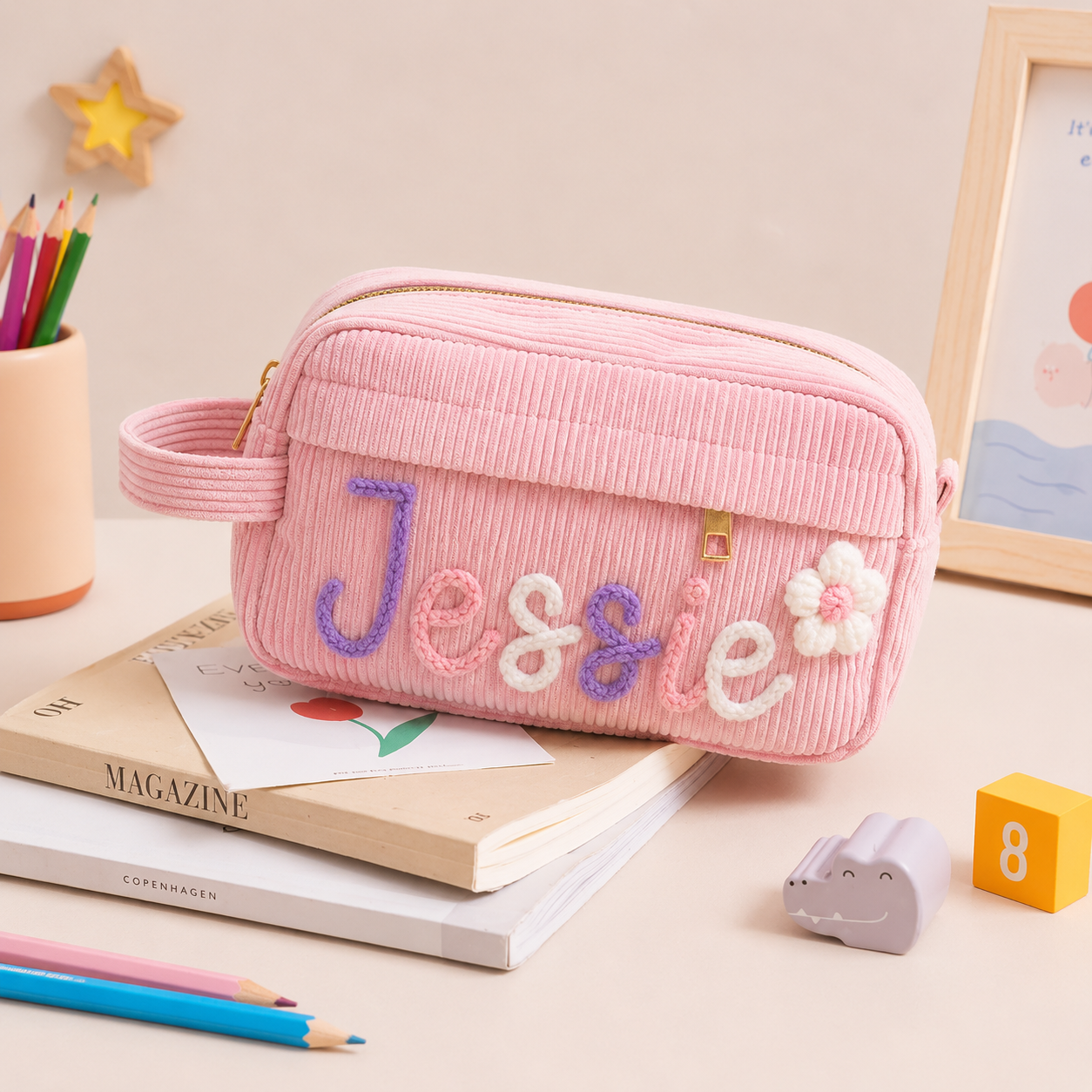Personalized pencil case detail with zipper and soft fabric