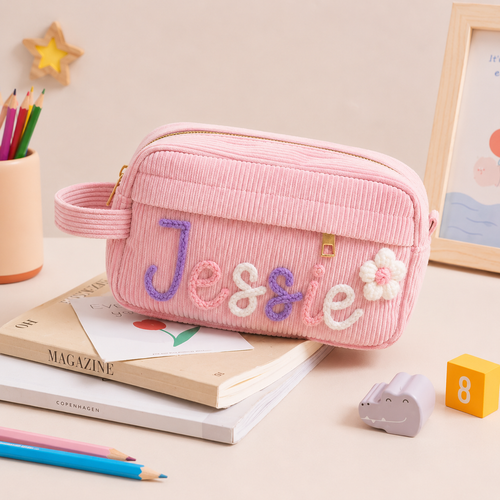 Personalized pencil case detail with zipper and soft fabric