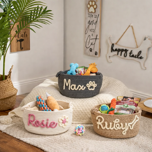 Personalized pet basket with custom name for dog toy organization