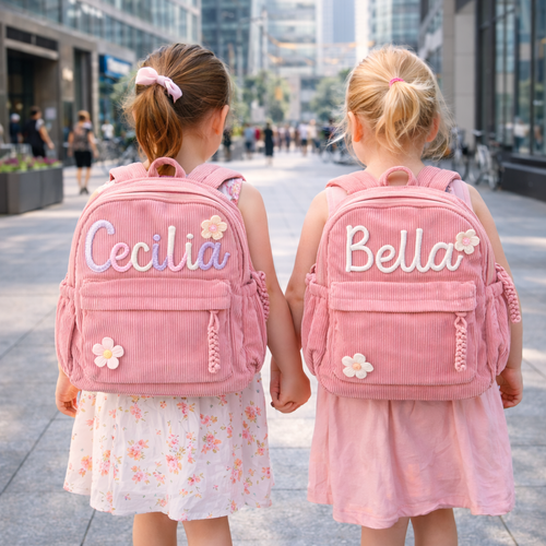 Personalized pink toddler backpacks with custom name embroidery