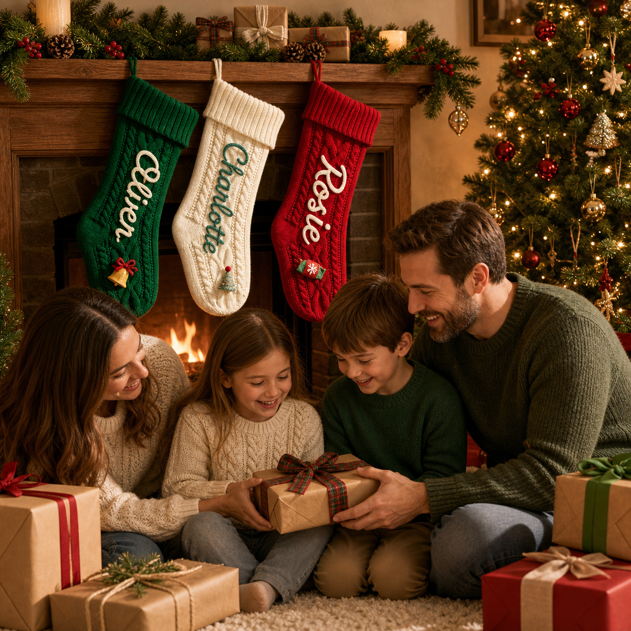 MamaRaya personalized Christmas stockings with custom names, aesthetic holiday decor hanging by the fireplace, filled with gifts.